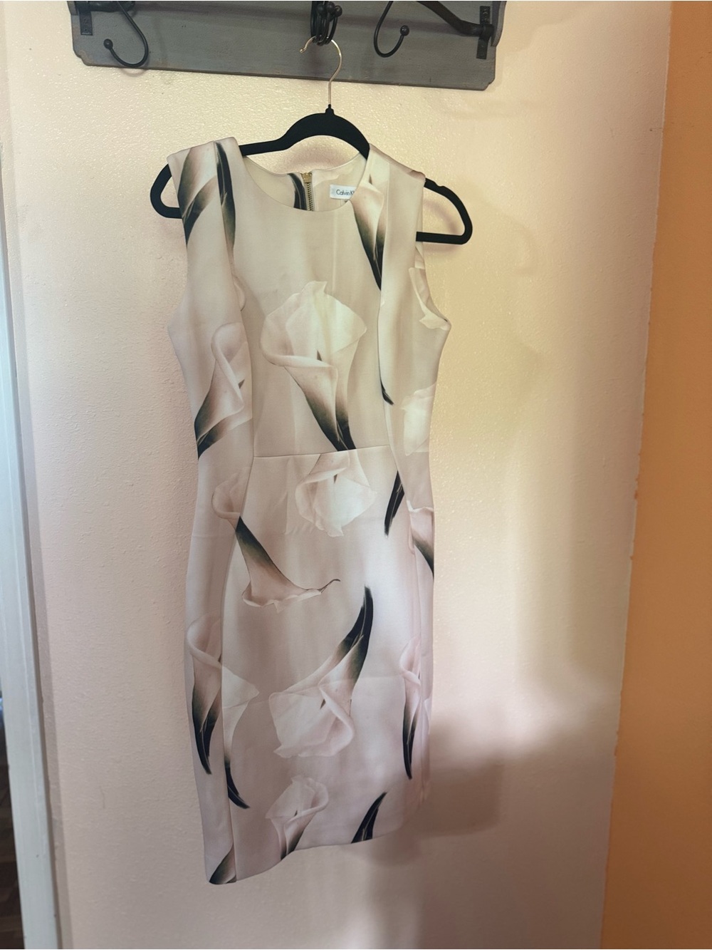 Calvin Klein Cream and Black Floral Midi Sheath Dress